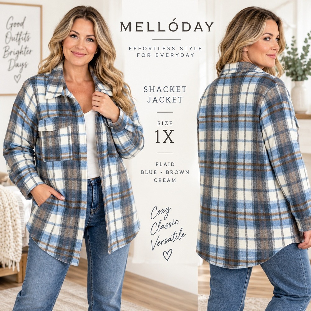 Melloday Womens 1X Plaid Longline Shacket Jacket Blue Brown Cream Plus Size 1926